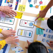 Brainstorm planing creative asian teamwork, Group of asia mobile phone app developer team meeting for share ideas about screen display prototype layout for smartphone, ui, ux startup small business, top view